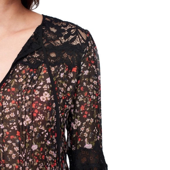 Rebecca Taylor pin tuck chiffon lace accent sheer blouse floral print - Picture 3 of 8
